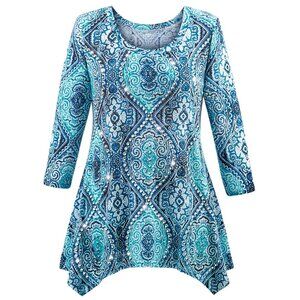 New XXL Blue & Aqua Sparkling Sequin Embellished Medallion SharkBite Knit Tunic